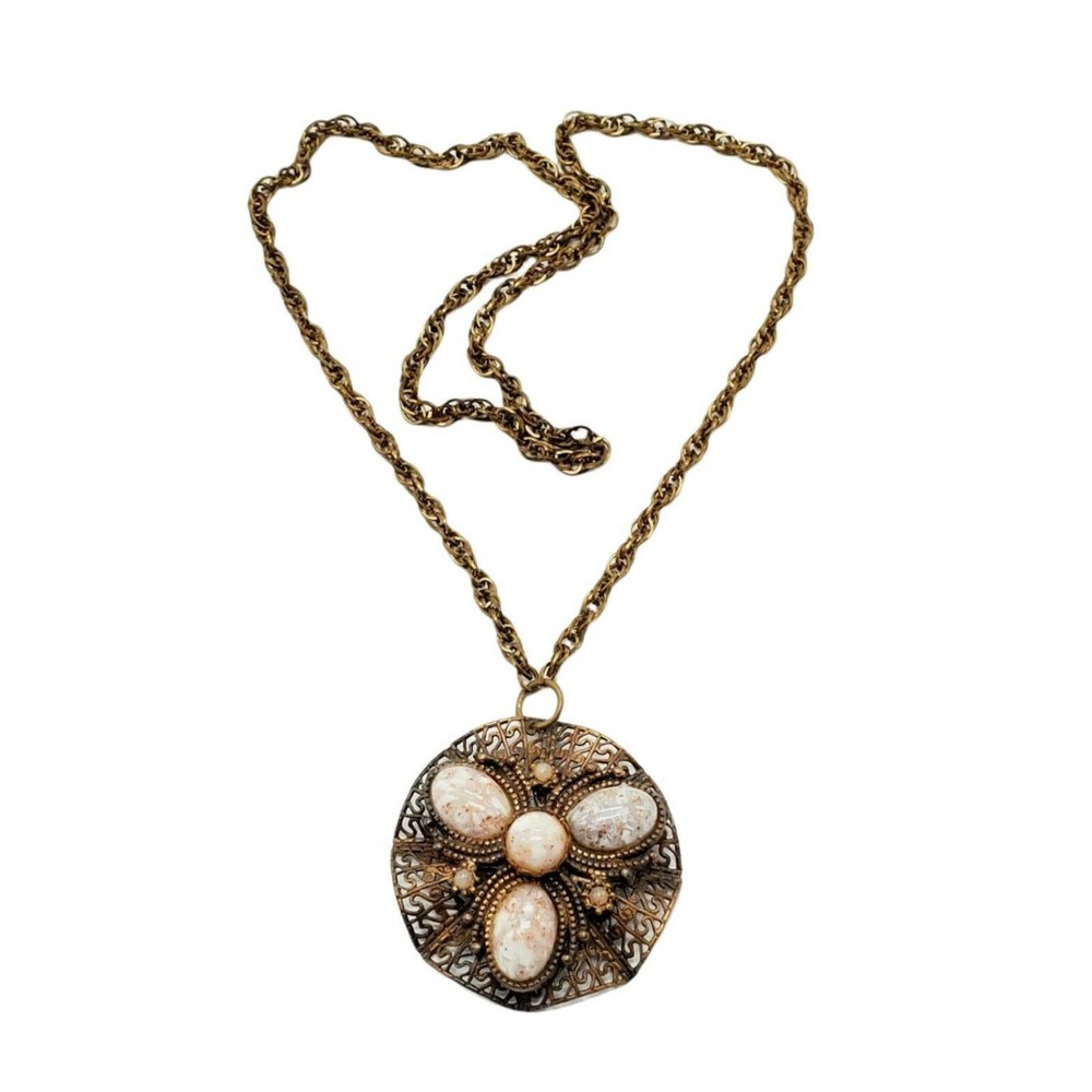 Vintage MCM Geometric Resin Bead Modernist Brutalist Copper Metal 30" Necklace